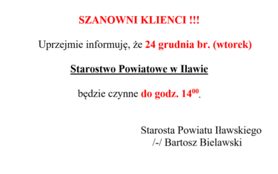 WAŻNA INFORMACJA DLA KLIENTÓW URZĘDU